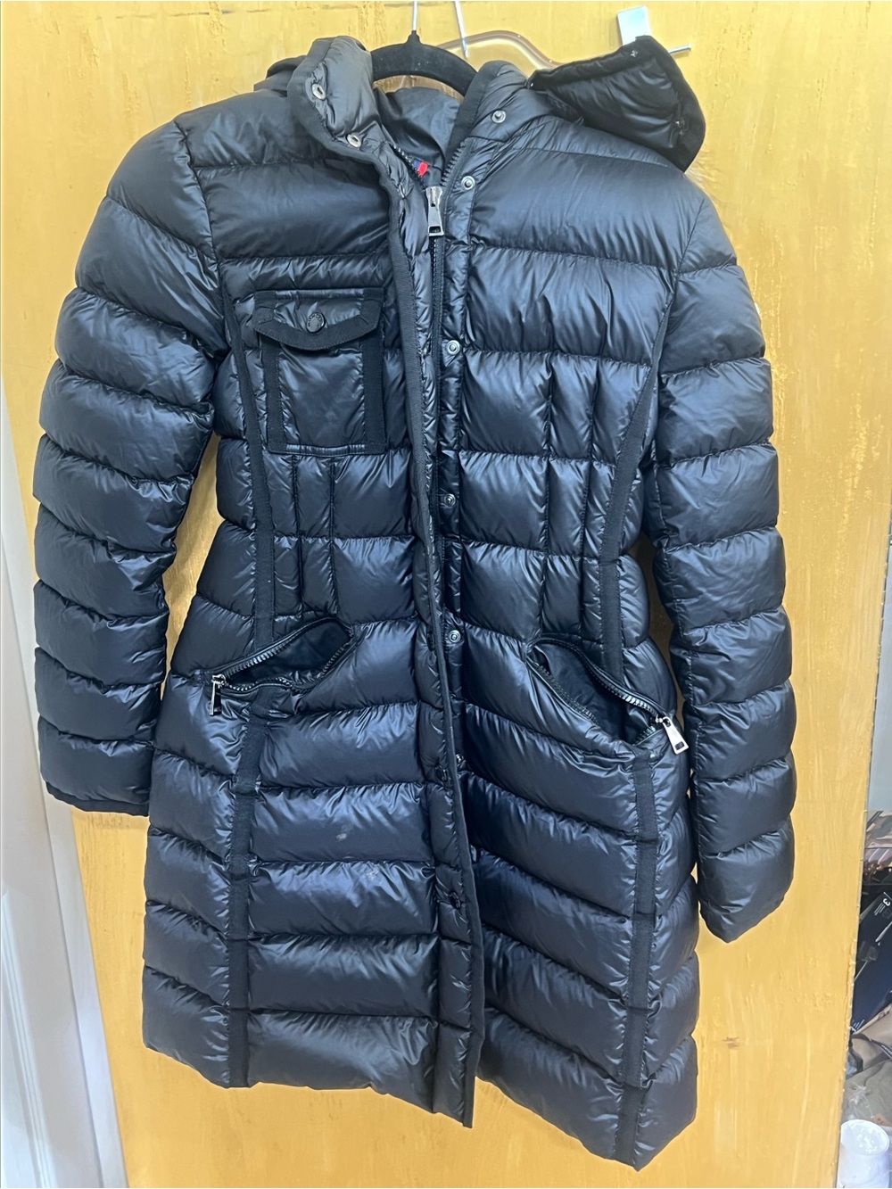 Moncler Black Down Fur Trim Hooded Hermifur Long Jacket